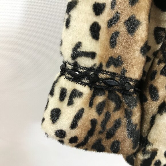 Terry Lewis Faux Fur Cropped Jacket Leopard Print Beaded and Lace Detail  NEW L - Picture 4 of 15